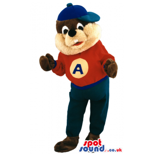 Chipmunk Animal Mascot With Red Sweater And Blue Pants And A