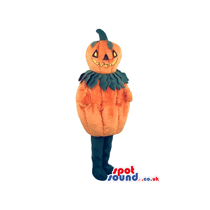 Halloween Pumpkin Mascot With Carved Smile And Yellow Eyes -