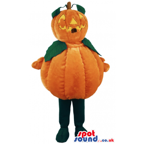 Halloween Pumpkin Mascot With Leaves And Carved Smile - Custom