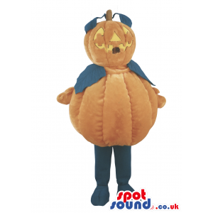 Halloween Pumpkin Mascot With Leaves And Carved Smile - Custom