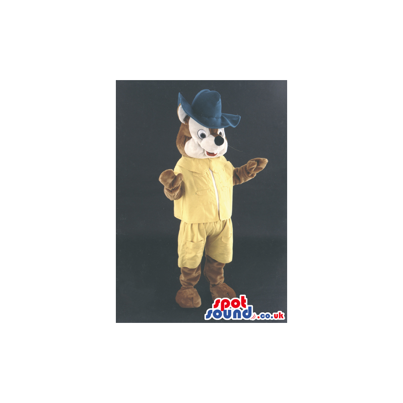 Brown And Beige Fox Animal Mascot Wearing Yellow Clothes And A