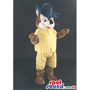 Brown And Beige Fox Animal Mascot Wearing Yellow Clothes And A