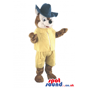 Brown And Beige Fox Animal Mascot Wearing Yellow Clothes And A