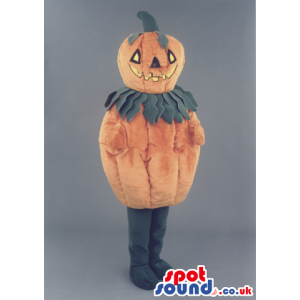 Halloween Pumpkin Mascot With Leave Collar And Carved Face -