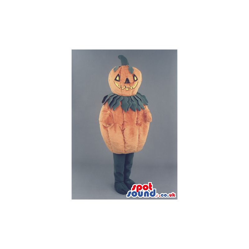 Halloween Pumpkin Mascot With Leave Collar And Carved Face -