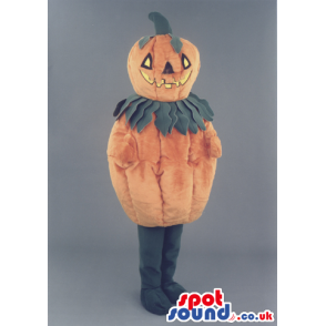 Halloween Pumpkin Mascot With Leave Collar And Carved Face -