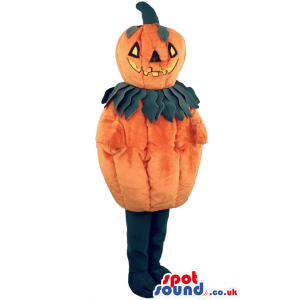 Halloween Pumpkin Mascot With Leave Collar And Carved Face -