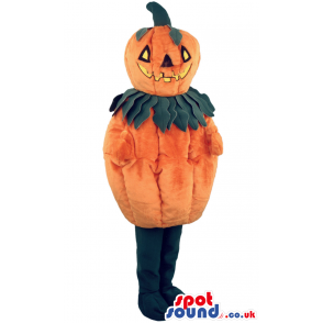 Halloween Pumpkin Mascot With Leave Collar And Carved Face -