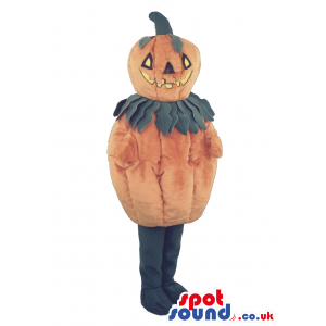 Halloween Pumpkin Mascot With Leave Collar And Carved Face -