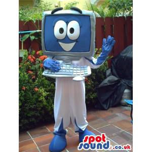 Computer mascot with a white trouser and smiling and saying hi