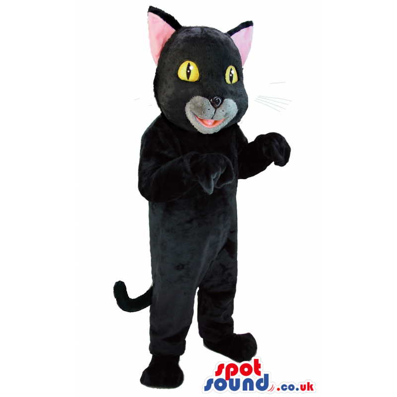 Black Kitten Animal Mascot With Yellow Eyes And Pink Ears -