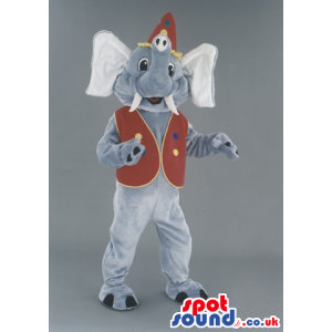 Grey Elephant Animal Mascot With Circus Red Vest And Hat -