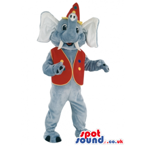 Grey Elephant Animal Mascot With Circus Red Vest And Hat -