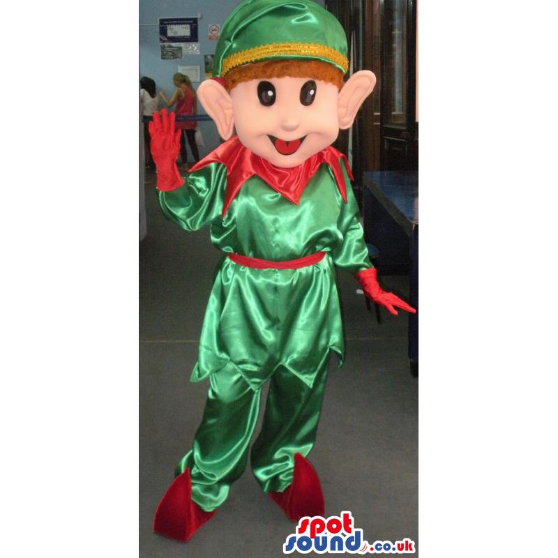 Boy mascot who is in green shirt and pant with red shoes -