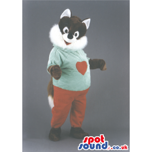 Fox Animal Mascot With Red Pants And Green T-Shirt With A Heart