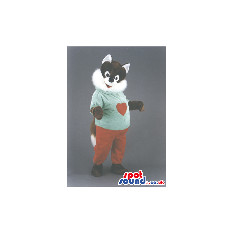 Fox Animal Mascot With Red Pants And Green T-Shirt With A Heart