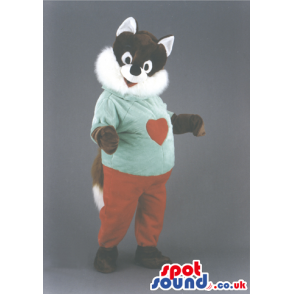 Fox Animal Mascot With Red Pants And Green T-Shirt With A Heart