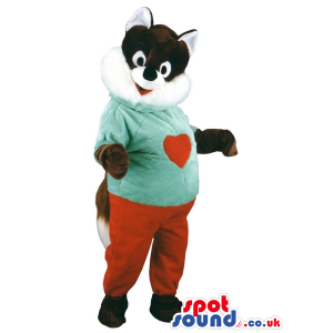 Fox Animal Mascot With Red Pants And Green T-Shirt With A Heart