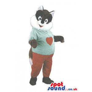 Fox Animal Mascot With Red Pants And Green T-Shirt With A Heart