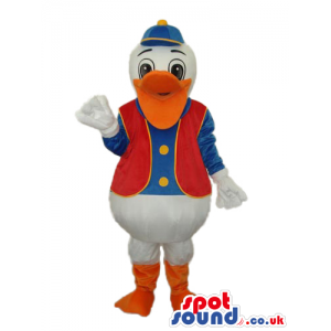Duck Character Plush Mascot With Red And Blue Garments - Custom