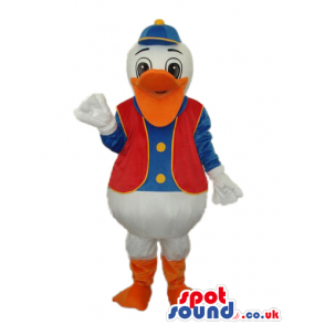 Duck Character Plush Mascot With Red And Blue Garments - Custom