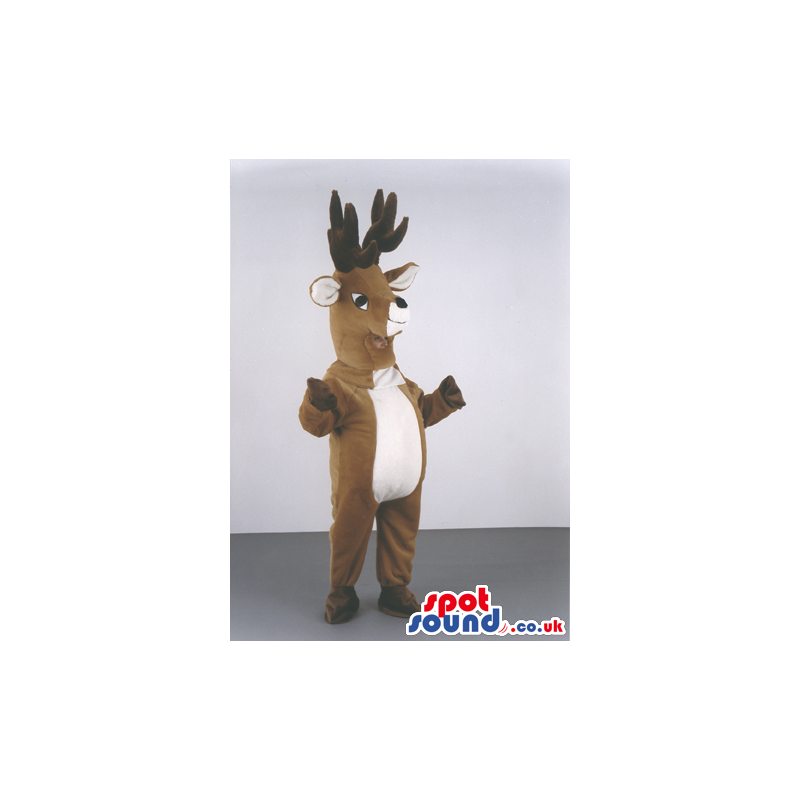 Brown Reindeer Animal Mascot With Huge Horns And White Belly -