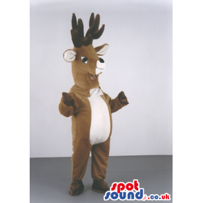 Brown Reindeer Animal Mascot With Huge Horns And White Belly -