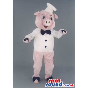 Pig Animal Mascot With Chef Clothes, Hat And A Bow Tie - Custom