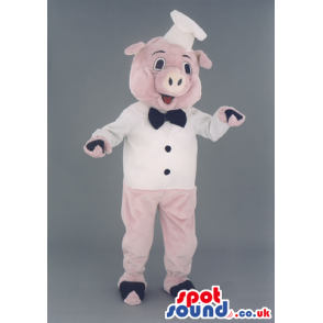 Pig Animal Mascot With Chef Clothes, Hat And A Bow Tie - Custom