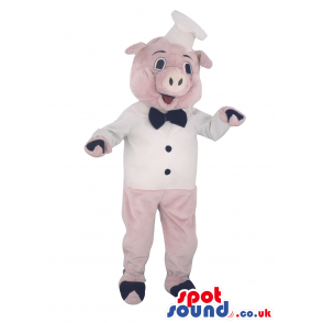 Pig Animal Mascot With Chef Clothes, Hat And A Bow Tie - Custom