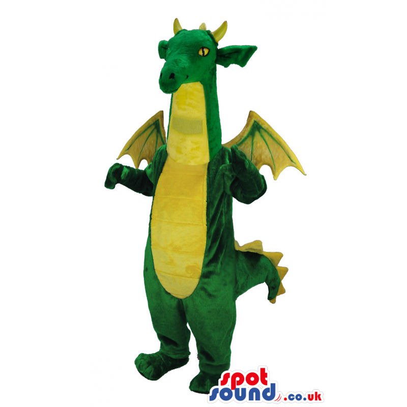 Green And Yellow Plain Dragon Mascot With Three Horns And Tail