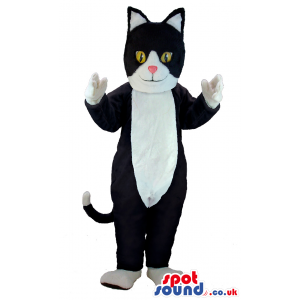 Black Cat Animal Mascot With White Belly And Yellow Eyes -