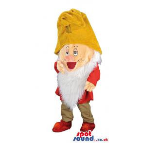 Sleepy dwarf mascot with a yellow hat and a red costume -