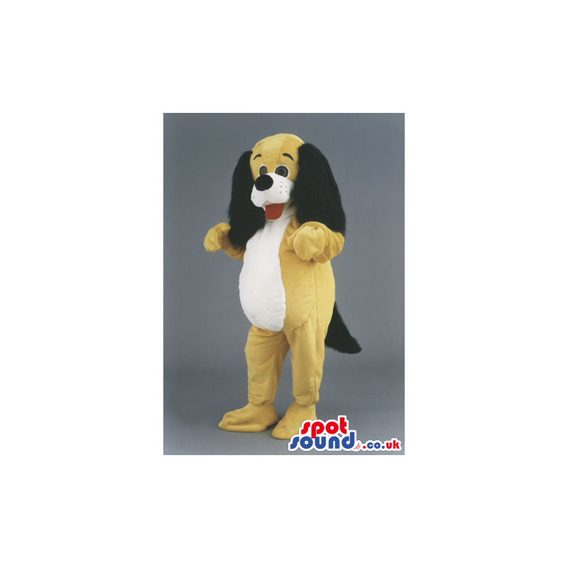 Yellow Dog Animal Mascot With Long Black Ears And Red Tongue -