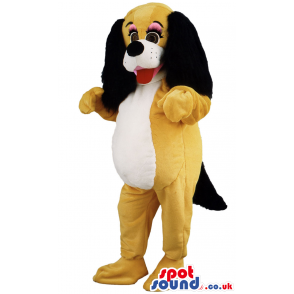 Yellow Dog Animal Mascot With Long Black Ears And Red Tongue -
