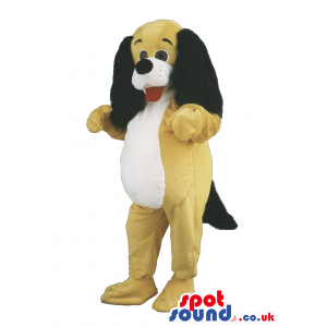 Yellow Dog Animal Mascot With Long Black Ears And Red Tongue -