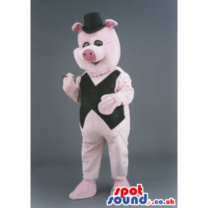 Piglet Animal Mascot With Elegant Black Vest And Hat - Custom