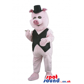 Piglet Animal Mascot With Elegant Black Vest And Hat - Custom