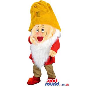 Sleepy dwarf mascot with a yellow hat and a red costume -