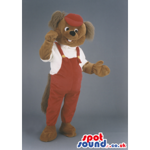 Brown Dog Animal Mascot With Red Overalls And Hairy Ears -