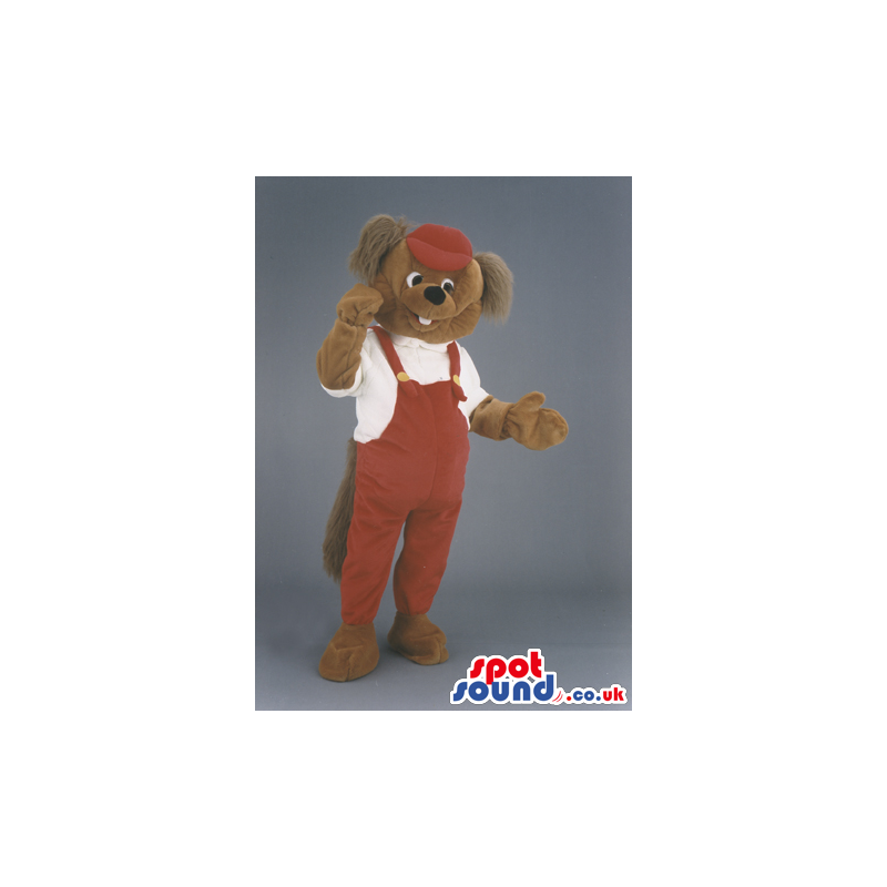 Brown Dog Animal Mascot With Red Overalls And Hairy Ears -