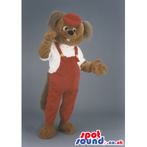 Brown Dog Animal Mascot With Red Overalls And Hairy Ears -