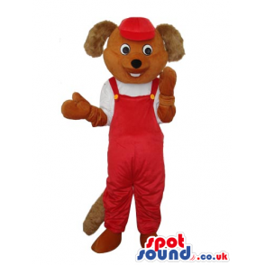 Brown Dog Animal Mascot With Red Overalls And Hairy Ears -