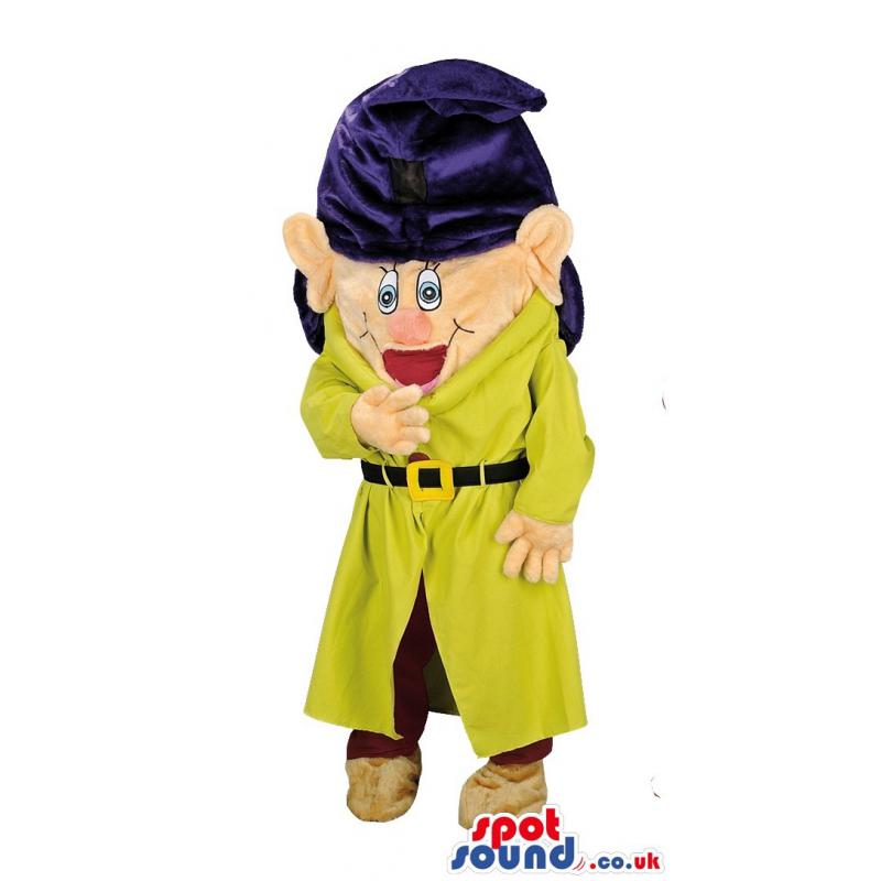 Dopy dwarf mascot with a yellow hat and a red costume - Custom