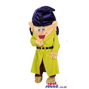 Dopy dwarf mascot with a yellow hat and a red costume - Custom