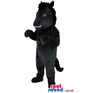 Plain Black Horse Mascot With Large White Teeth And Brown Eyes