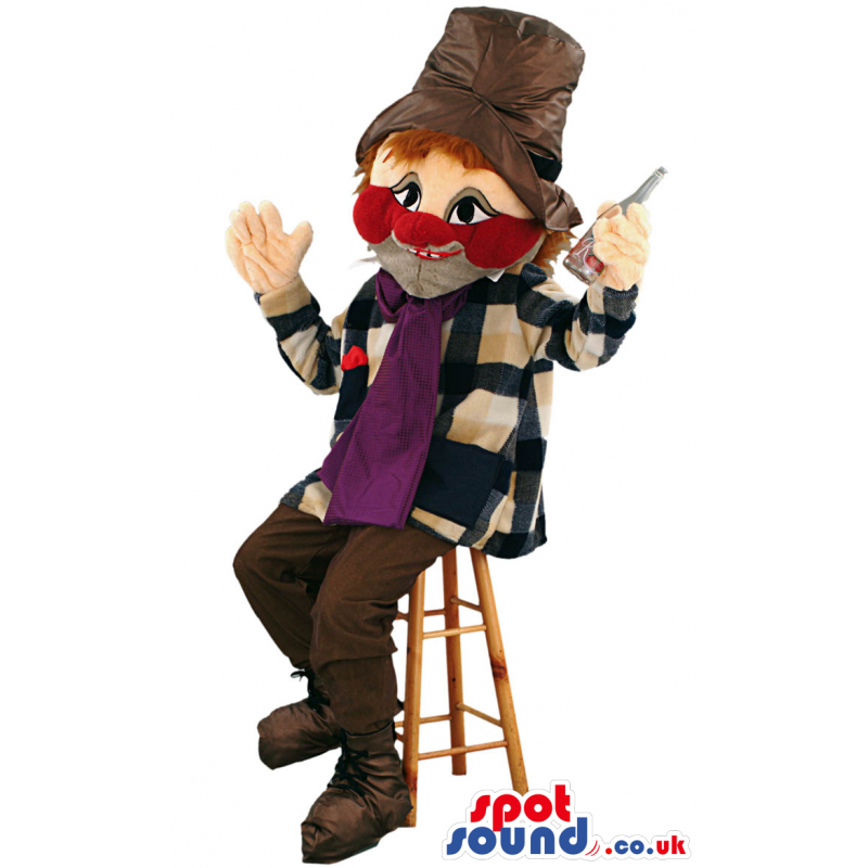 Homeless Or Drunk Human Mascot With Brown Hat And Red Cheeks -