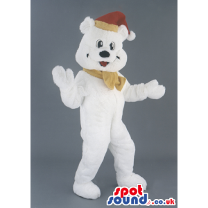 White Bear Animal Mascot With Christmas Red Hat And Bow -