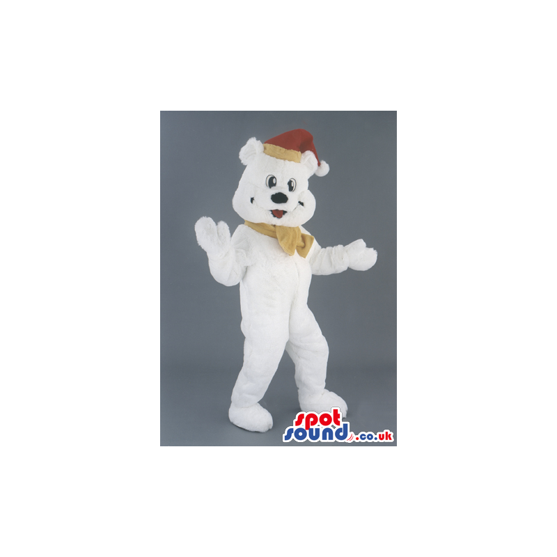 White Bear Animal Mascot With Christmas Red Hat And Bow -