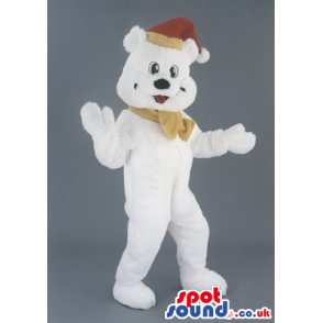 White Bear Animal Mascot With Christmas Red Hat And Bow -